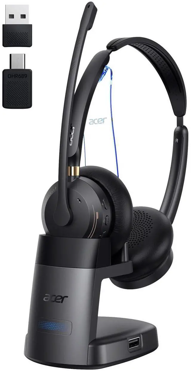 Main image of acer Wireless Headset with Mic for Work,Bluetooth Headset for Clear Call Meeting, Work Headset with Charge Stand for Remote & Office, Bluetooth 5.3 & 2.4G Headset for PC, Phone, Teams, Zoom