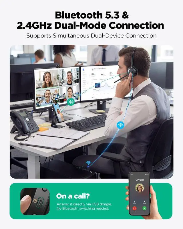 Alt view image 4 of 5 - acer Wireless Headset with Mic for Work,Bluetooth Headset for Clear Call Meeting, Work Headset with Charge Stand for Remote & Office, Bluetooth 5.3 & 2.4G Headset for PC, Phone, Teams, Zoom