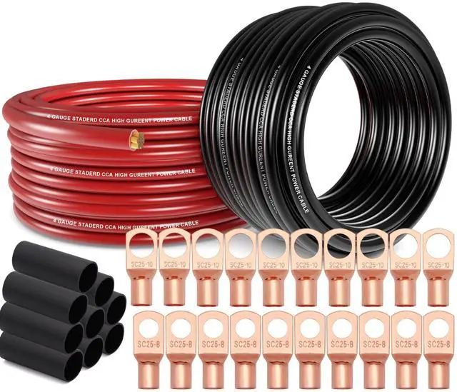Main image of 4 Gauge Wire (25ft Each - Red/Black) Copper Clad Aluminum CCA - Primary Automotive Wire,Car Amplifier Power & Ground Cable, 20PCS Lugs Terminal Connectors,20PCS 3:1 Heat Shrink Tubing