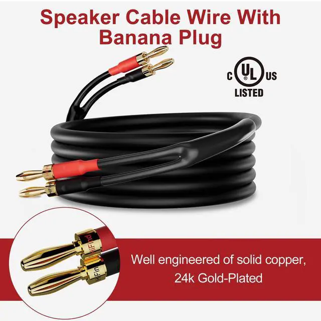 Alt view image 2 of 5 - HiFind Speaker Cable Wire 40 Ft with Gold-Plated Banana Tip Plugs-UL CL3 Rated-Indoor&Outdoor&in Wall-Flexible-16 AWG Gauge Tinned Copper for Bi-Wire Bi-Amp HiFi Surround Sound-Black