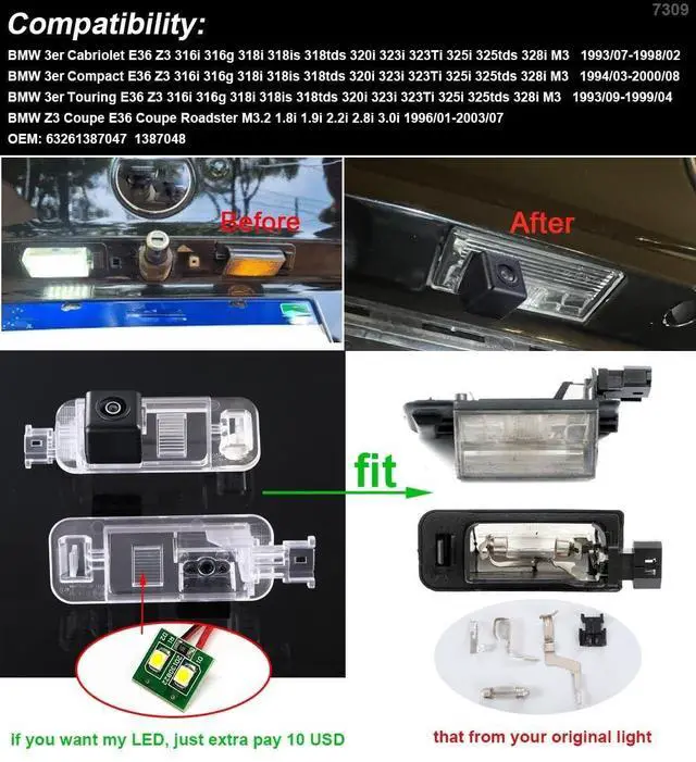Alt view image 2 of 5 - HD Waterproof Night Vision License Plate Light Parking Reverse Rear View Backup Camera, Replacement for BMW 3er Cabriolet E36 z3 316i 316g 318i 318is 318tds 320i 323i 323Ti 325i 325tds 328i M3