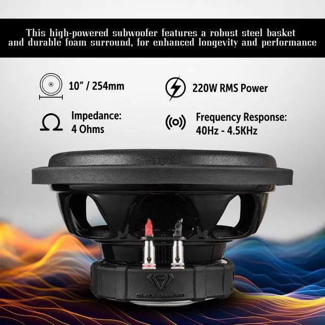 Alt view image 3 of 5 - BLACK DIAMOND DIA-10S 10" Car Subwoofer 220W RMS, 4-Ohm Single Voice Coil, Deep Bass, High-Performance Steel Basket & Foam Surround - Single