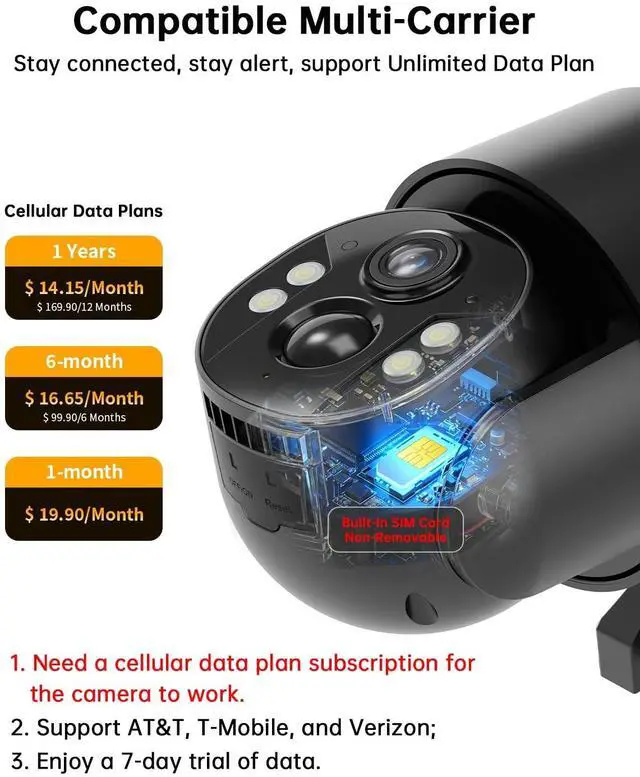 Alt view image 3 of 5 - Tefrio 4G LTE Cellular Security Camera, No WiFi Needed, 4MP Live Video, 360 Full View, Built-in SIM Card, Color Night Vision, Instant Alerts, 2 Storage Ways, Solar Outdoor Camera for Off-Grid Areas