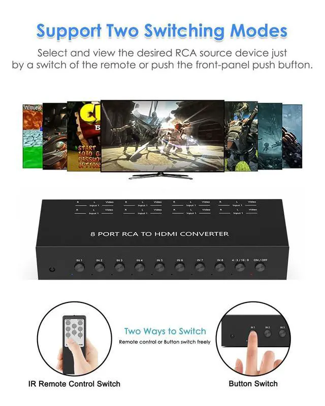 Alt view image 2 of 5 - 8 Port RCA to HDMI Converter, Dual AV to HDMI Converter Supports 16:9/4:3 Composite to HD MI Adapter Support 1080P PAL/NTSC Compatible with Sega/Xbox/PS1/PS2/PS3/WII/N64/VHS, VCRs, and DVD Players