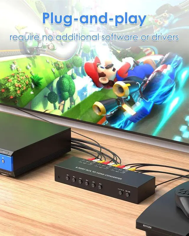 Alt view image 5 of 5 - 8 Port RCA to HDMI Converter, Dual AV to HDMI Converter Supports 16:9/4:3 Composite to HD MI Adapter Support 1080P PAL/NTSC Compatible with Sega/Xbox/PS1/PS2/PS3/WII/N64/VHS, VCRs, and DVD Players