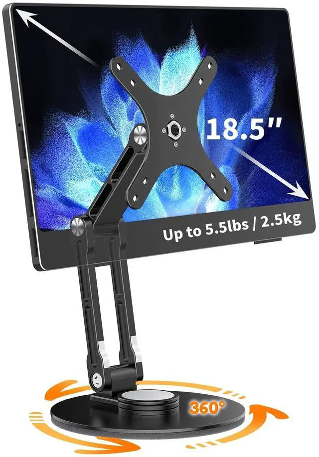 Main image of YCNEW Portable Monitor Stand VESA Mount, Tilt & Rotation Joints Use Metal Hinges, Foldable Aluminum Desk Mount for 13-18.5 Inch & up to 5.5 lbs Small Monitors, Suitable for Home Office Travel (Black)