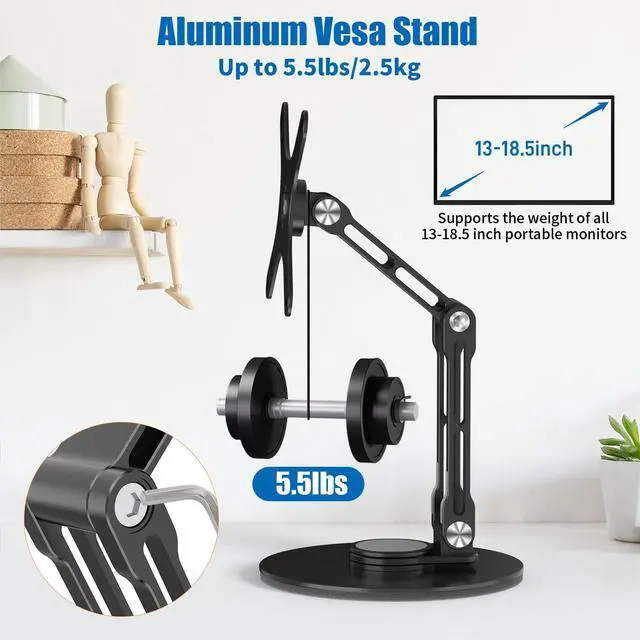 Alt view image 3 of 5 - YCNEW Portable Monitor Stand VESA Mount, Tilt & Rotation Joints Use Metal Hinges, Foldable Aluminum Desk Mount for 13-18.5 Inch & up to 5.5 lbs Small Monitors, Suitable for Home Office Travel (Black)