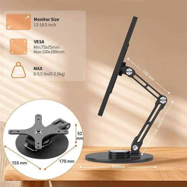 Alt view image 5 of 5 - YCNEW Portable Monitor Stand VESA Mount, Tilt & Rotation Joints Use Metal Hinges, Foldable Aluminum Desk Mount for 13-18.5 Inch & up to 5.5 lbs Small Monitors, Suitable for Home Office Travel (Black)