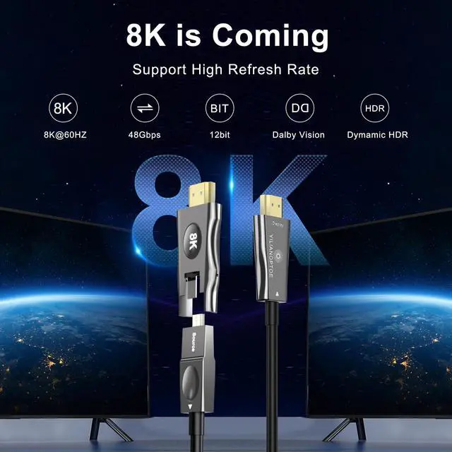 Alt view image 4 of 5 - YilianOptoe 8K Detachable Fiber Optic HDMI Cable 33ft,Long HDMI 2.1 Cable,Ultra High Speed Fiber HDMI Cord,48Gbps,8K@60Hz 4K@120Hz, for PS4/PS5, Xbox X/S, Monitor,Projector in Wall Wiring