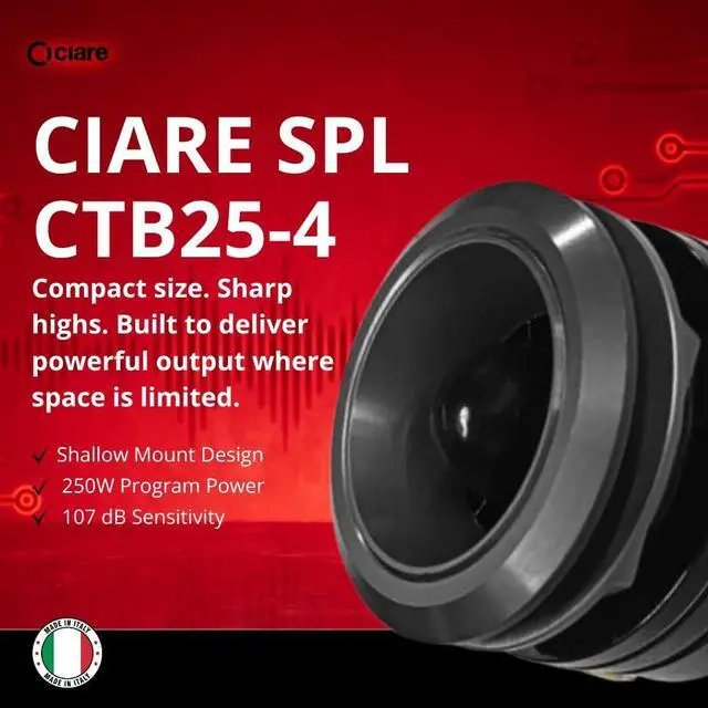 Alt view image 2 of 5 - Ciare SPL CTB25-4 1" Bullet Tweeter Speakers Pair, 4 Ohm Horn Tweeters, 250W Power, 107 dB Sensitivity, 1" Voice Coil, Shallow Mount Tweeters for Car, Motorcycle, Pillar Installs, Neodymium Magnet