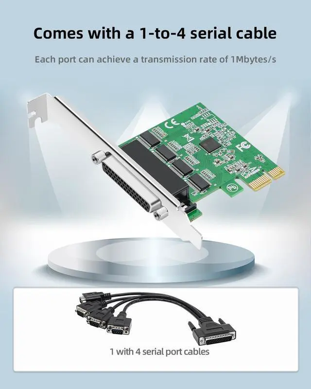 Alt view image 5 of 5 - Buacoz PCIe to 4 Port RS232 Serial Expansion Card - 9-Pin DB9 COM Port Adapter for Industrial PCs, 4X RS232 Ports Converter with Plug and Play, Support Windows/Linux