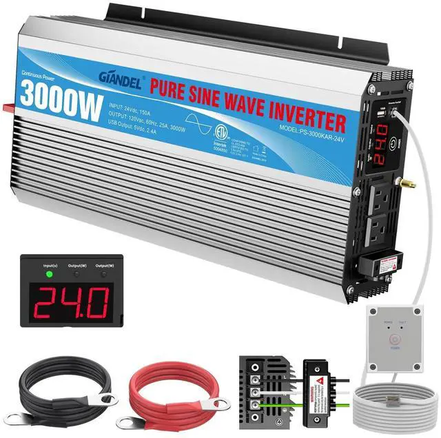 Main image of 24V Pure Sine Wave Power Inverter 3000Watt DC 24V to AC120V ETL UL458 Listed with 30 Amps Hardwire Terminal Blocks and 30 Ft Wired Remote Contro for Truck