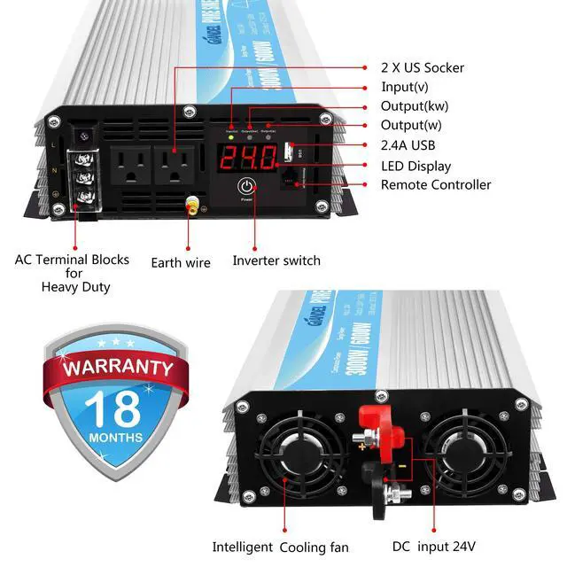 Alt view image 5 of 5 - 24V Pure Sine Wave Power Inverter 3000Watt DC 24V to AC120V ETL UL458 Listed with 30 Amps Hardwire Terminal Blocks and 30 Ft Wired Remote Contro for Truck