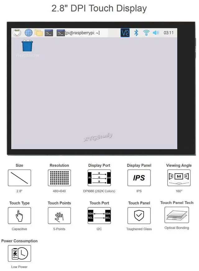 Alt view image 5 of 5 - XYGStudy 2.8inch IPS 480640 Display LCD DPI Interface Capacitive Touch Screen Fully Laminated Toughened Glass Cover for Raspberry Pi 4B/3B+/3B/2B/Zero/Zero W WH Raspbian Kali