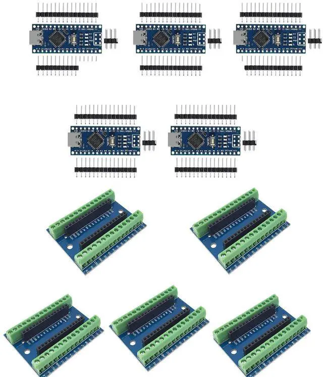 Main image of hiBCTR 10-Pack Nano V3.0 Kit: 5X ATmega328P Controller Boards with Type-C USB & CH340 + 5X IO Expansion Shield Boards for Nano Projects
