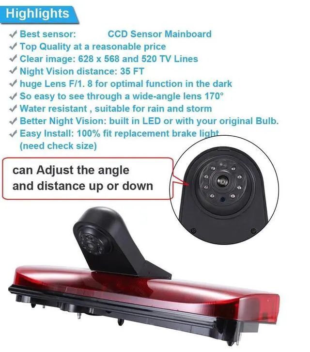 Alt view image 5 of 5 - Car Third Roof Top Mount Brake Light 3 Third Brake Stop lamp Rear View Camera, HD Night Vision Waterproof for Ford Transit Connect 2014-2017 Transporter Business MPV SUV Bus (with 7-inch Monitor)