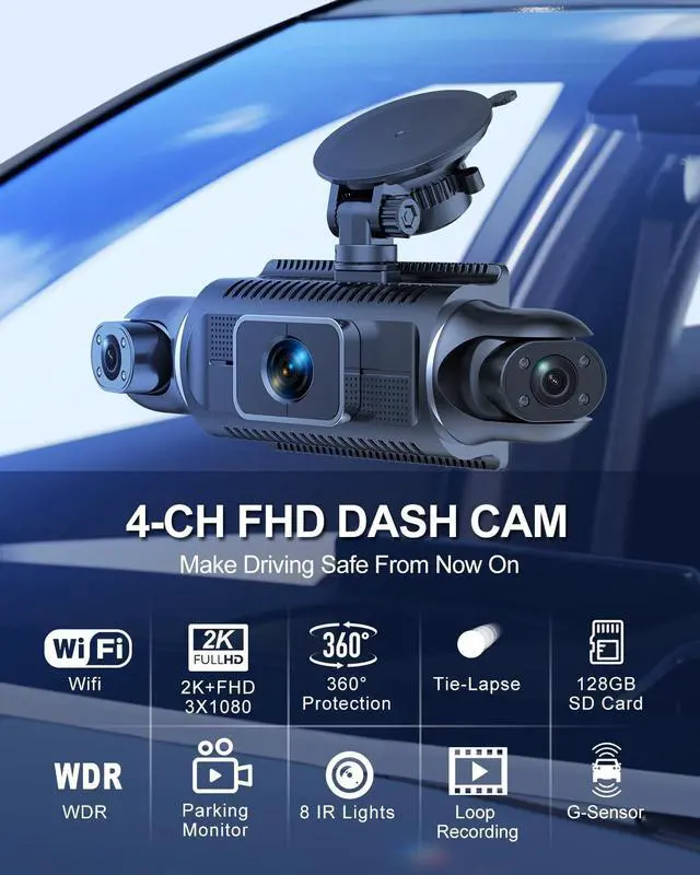 Alt view image 2 of 5 - 4 Channel Full HD Dash Cam, 2K Front + 1080P Side/Rear Cameras, 3-Inch LCD Screen, Support 256GB Max,WiFi/APP Control, G-Sensor, Parking Monitor,Night Vision (Black)