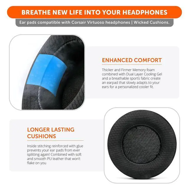 Alt view image 4 of 5 - WC Freeze Virtuoso - Hybrid Fabric Cooling Gel Replacement Earpads for Corsair Virtuoso Gaming Headset, Made by Wicked Cushions, Improved Durability, Thickness and Sound Isolation ^^ Black