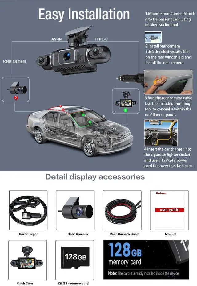 Alt view image 4 of 5 - 4 Channel Full HD Dash Cam, 2K Front + 1080P Side/Rear Cameras, 3-Inch LCD Screen, Support 256GB Max,WiFi/APP Control, G-Sensor, Parking Monitor,Night Vision (Black)