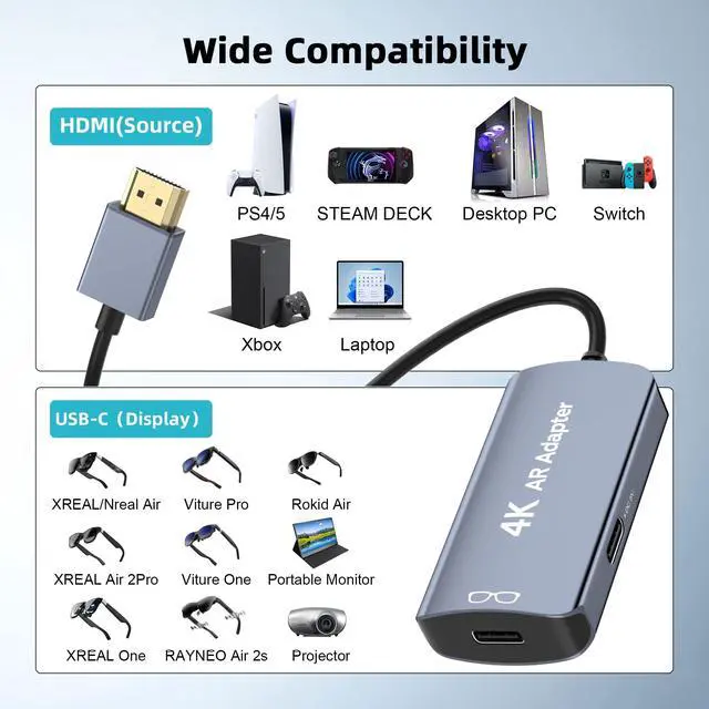 Alt view image 3 of 5 - HDMI to USB C Adapter 4K@60Hz for AR Glasses, HDMI Male to USB C Female for XREAL One/Air 2 Pro, VITURE Pro, RayNeo Air 2s, Rokid Max, Switch 2/1, Steam Deck, PS5/4, Xbox, ROG Ally, Portable Monitor
