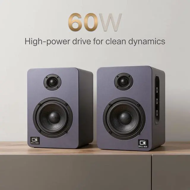 Alt view image 2 of 5 - IBALLBOX 60W Desk Speakers for PC, Bluetooth 5.3 DSP, 24-Bit Optical, USB-C/AUX, Silk-Dome Tweeter, Carbon-Fiber Driver, for Laptop/Mac/Monitor (Slate Blue)