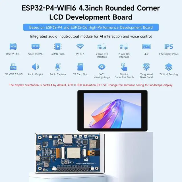 Alt view image 3 of 5 - KLAYERS ESP32 P4 WF Development Board,Come with LCD 4.3inch, 480 800 Resolution, 5-Point Touch, Onboard Audio Codec Chip, Supports W-F6 and BLE 5,with OV5647 Camera