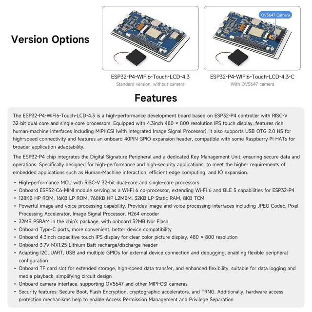 Alt view image 4 of 5 - KLAYERS ESP32 P4 WF Development Board,Come with LCD 4.3inch, 480 800 Resolution, 5-Point Touch, Onboard Audio Codec Chip, Supports W-F6 and BLE 5,with OV5647 Camera
