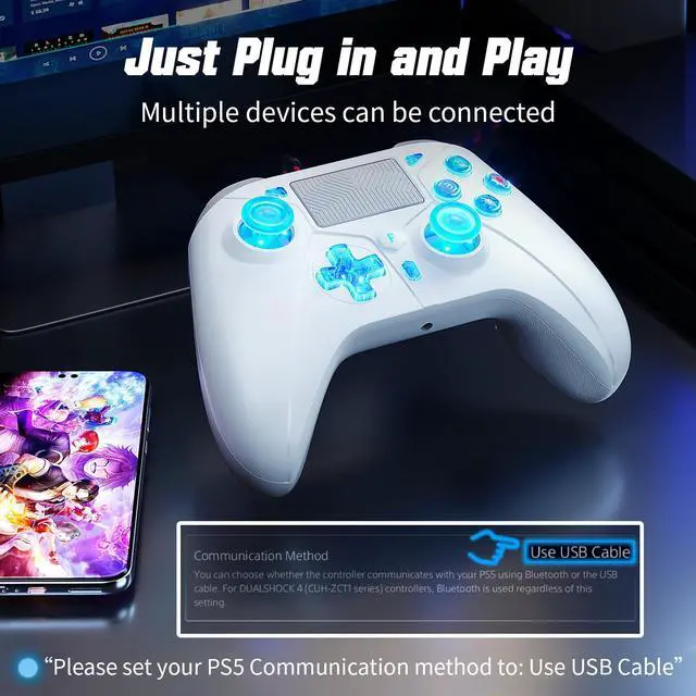 Alt view image 3 of 5 - Gamrombo LED Wired Controller for PS5/PS5 Pro/PS5 Slim, Compatible withPS4/PC with 3.5mm Headphone Jack/Dual Vibration/Macro Function/Trubo Function, 10ft Cable