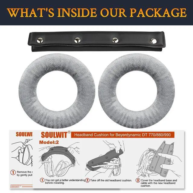 Alt view image 5 of 5 - SOULWIT Replacement Kit for Beyerdynamic DT 770/DT770 PRO Headphones, Velour Ear Pads Cushions + Protein Leather Headband - Grey