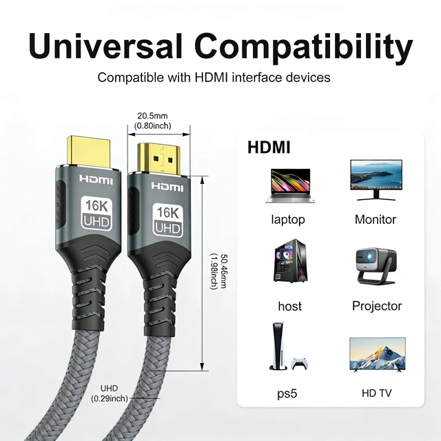 Alt view image 3 of 5 - Jumaocun HDMI 2.2 Cable 96Gbps, 16K 8K@120Hz 4K@240Hz HDR10+ eARC Ultra High Speed HDMI Cord for PS5 PS5 Pro Xbox Series X/S Gaming Laptop TV Monitor Home Theater Dolby Atmos HDCP 2.3 VRR(10, feet)