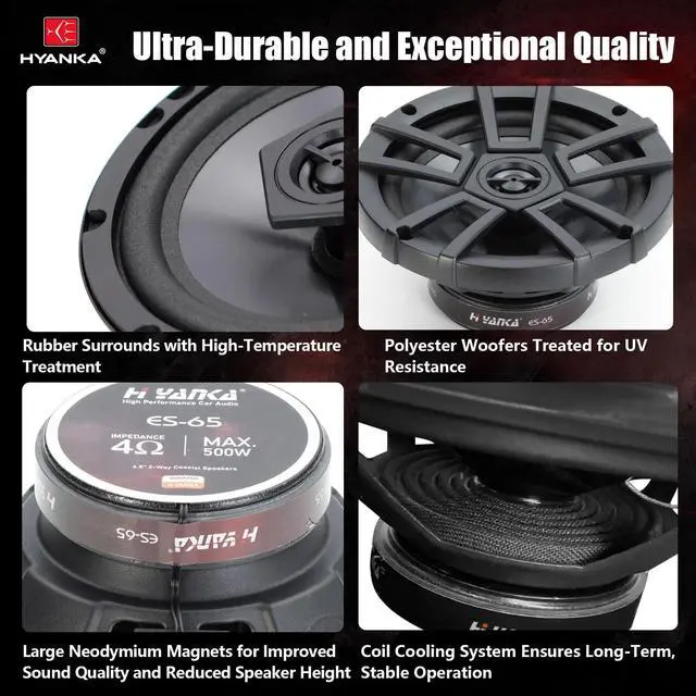 Alt view image 3 of 5 - H YANKA ES-65 6.5 Door Speakers, 500 Watts Full-Range Stereo, 2-Way Coaxial Car Speakers, Clear Sound with No Distortion, Includes Installation Kit, Ideal for Cars, Trucks, Jeeps, and More (1 Pair)