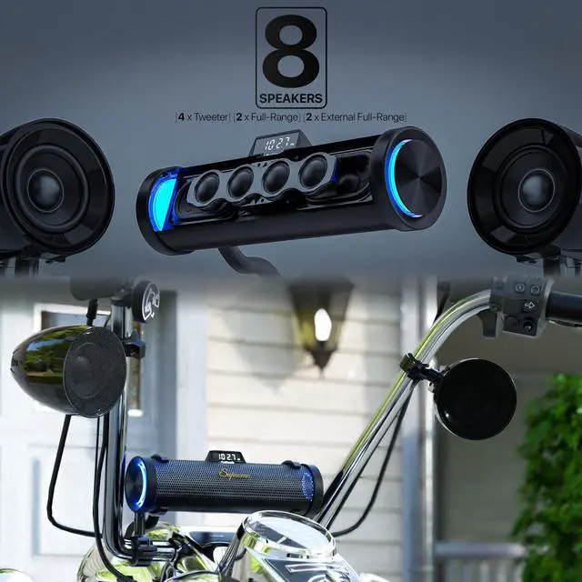 Alt view image 2 of 5 - GoHawk Bluetooth Motorcycle Speakers ^^ 8-Speaker Waterproof Stereo System w/ 4.25" External Speakers ^^ Built-in Amplifier Aluminum Sound bar, FM Radio, USB, LED ^^ Great for Harley, ATV