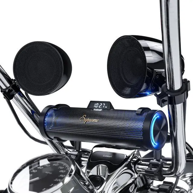 Main image of GoHawk Bluetooth Motorcycle Speakers ^^ 8-Speaker Waterproof Stereo System w/ 4.25" External Speakers ^^ Built-in Amplifier Aluminum Sound bar, FM Radio, USB, LED ^^ Great for Harley, ATV