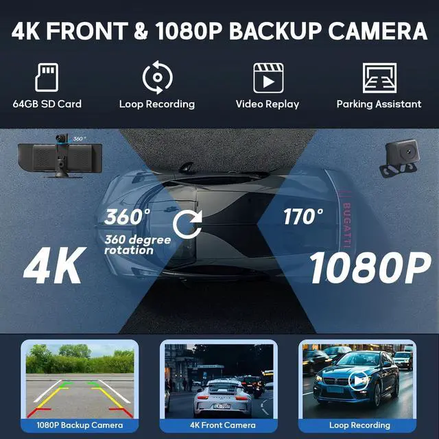 Alt view image 4 of 5 - Wireless Carplay Screen for Car - 10.26 Inch Apple Car Play & Android Auto Car Stereo Portable Carplay Touchscreen with Built-in Clock, 4K Dash Cam, 1080P Backup Camera (Front&Rear Camera, Whit