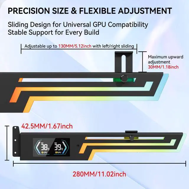 Alt view image 3 of 5 - GSCOLER ARGB GPU Support Bracket with CPU & GPU Temp Display, Universal Graphics Card Support, Multi Angle Adjustable GPU Sag Bracket for Video Cards, GPU Stand Built-in 5V3PIN Addressable RGB Strip