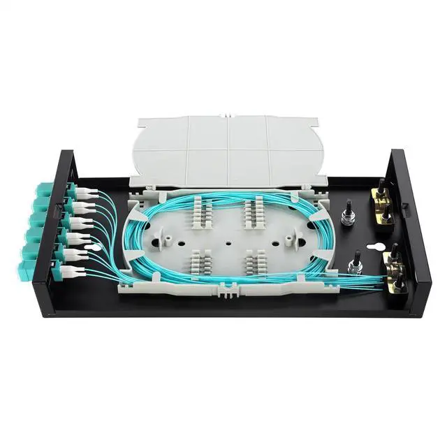 Main image of OFCN Wallmount Box Fiber Optic Terminal encloure 12 Strand Duplex LC MM OM3 10G pigtials and 6 pcs Duplex Adaptor Loaded