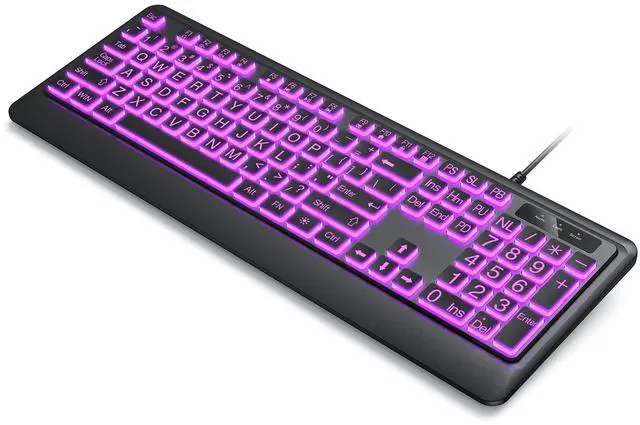 Main image of Luzarriba Large Print Backlit Computer Keyboards, 7 Colors Backlight USB Keyboard, Plug-and-Play, Foldable Stands, Corded Full Size Keyboard for Windows, PC, Laptop (Black, Large)