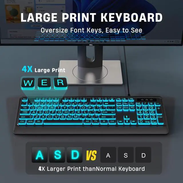 Alt view image 2 of 5 - Luzarriba Large Print Backlit Computer Keyboards, 7 Colors Backlight USB Keyboard, Plug-and-Play, Foldable Stands, Corded Full Size Keyboard for Windows, PC, Laptop (Black, Large)