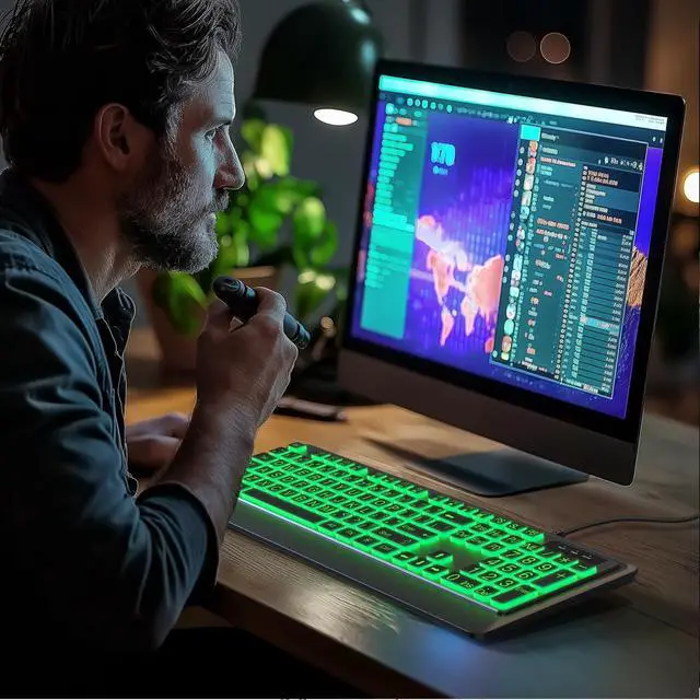 Alt view image 3 of 5 - Luzarriba Large Print Backlit Computer Keyboards, 7 Colors Backlight USB Keyboard, Plug-and-Play, Foldable Stands, Corded Full Size Keyboard for Windows, PC, Laptop (Black, Large)