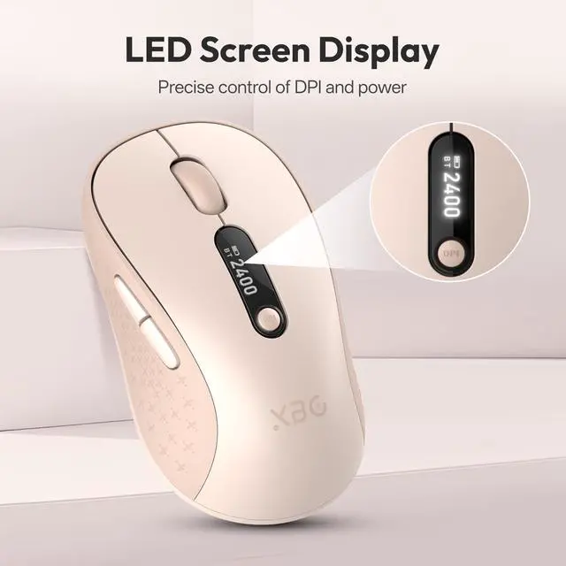Alt view image 4 of 5 - XBG B15pro Wireless Bluetooth Mouse, Bluetooth 5.0/4.0 & 2.4G Tri-Mode, Type-C Rechargeable with LED Screen Display, Ergonomic Silent Click for Laptop/PC/Tablet, Multi-Device & Office Use-Pink