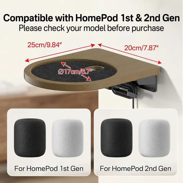 Alt view image 2 of 5 - Wooden Wall Mount for HomePod 1st & 2nd Gen, Speaker Wall Bracket for Homepod Wall Mount with Hidden Cable Management, Reinforced Metal Bracket, Space-Saving Design with Enlarged Platform, 1 Pack