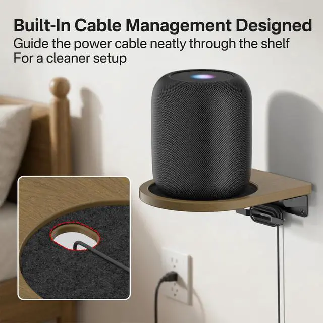 Alt view image 4 of 5 - Wooden Wall Mount for HomePod 1st & 2nd Gen, Speaker Wall Bracket for Homepod Wall Mount with Hidden Cable Management, Reinforced Metal Bracket, Space-Saving Design with Enlarged Platform, 1 Pack