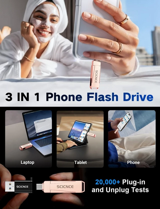 Alt view image 2 of 5 - SCICNCE 256GB Phone Flash Drive Photo Stick, USB Memory Stick for Photo Video Backup & Storage, No APP Required, Compatible with iPhone iPad Android PC, Rose Pink
