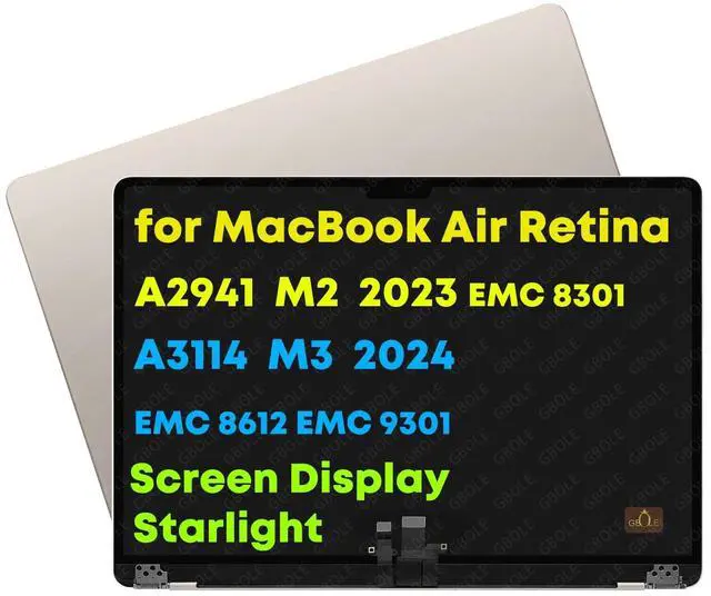 Main image of GBOLE A2941 Screen Replacement for MacBook Air A2941 M2 A3114 M3 EMC 8301 2023 Retina 661-34704 2880X1864 Full LCD Screen Display Assembly Starlight