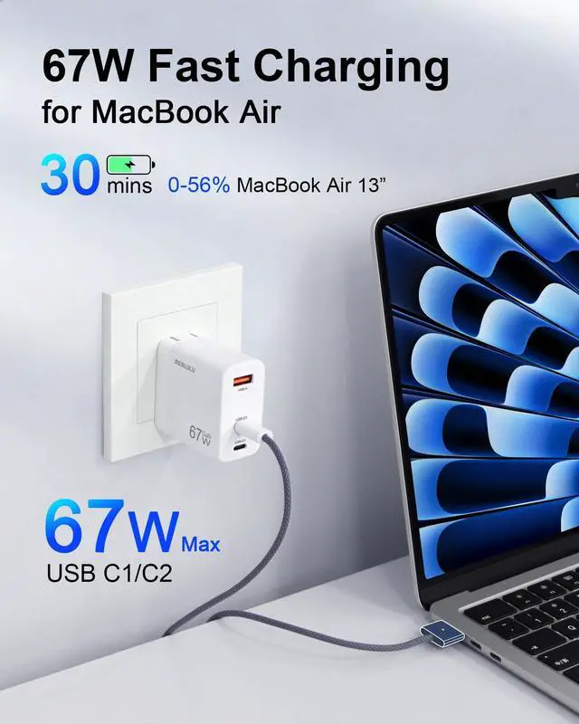 Alt view image 2 of 5 - 67W USB C Charger Block, 2C1A GaN Fast Charger for MacBook Air/Pro, iPhone 17/16, iPad Pro, USB-C Laptop, Compact 3-Port Wall Charger Power Adapter