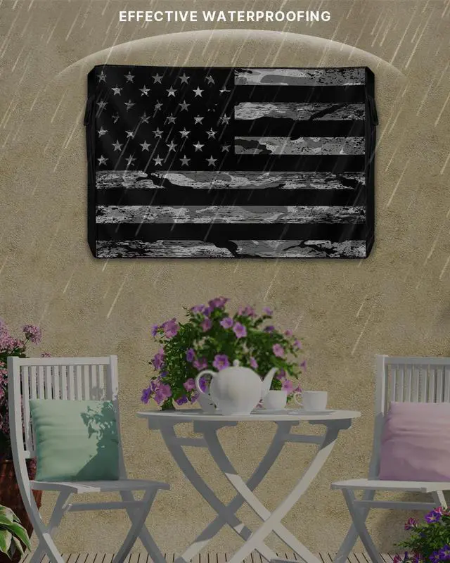 Alt view image 3 of 5 - LBCASA American Flag Outdoor TV Cover 30 to 32 Inch Weatherproof, Camouflage Black Stripes 600D Oxford TV Covers with Zipper, Vintage US Flag Outside Flat TV Screen Protector Size 30"W x 19"H x 4.5"D