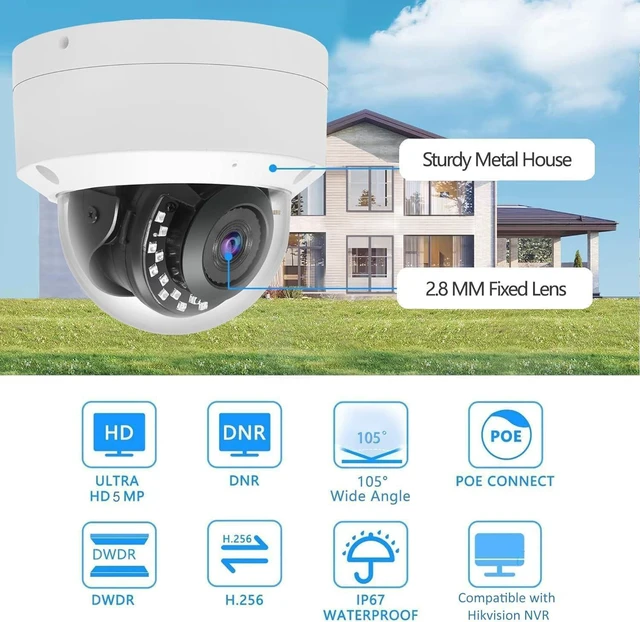 Alt view image 2 of 5 - Real HD 5MP Vandal PoE IP Camera Outdoor, 2.8mm Wide Angle, H.265, 65ft IP67 Waterproof, Must Work with a NVR, Does not Work by Itself.