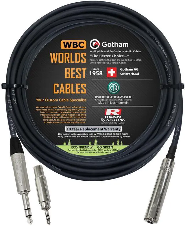 Main image of WORLDS BEST CABLES 25 Foot - Gotham GAC-4/1 Star-Quad Stereo Headphone Extension Cable & Neutrik TRS Plug to Neutrik-Rean inch 3-Pole Jack + 3.5 mm Plug to inch Jack Adapter - Custom Made