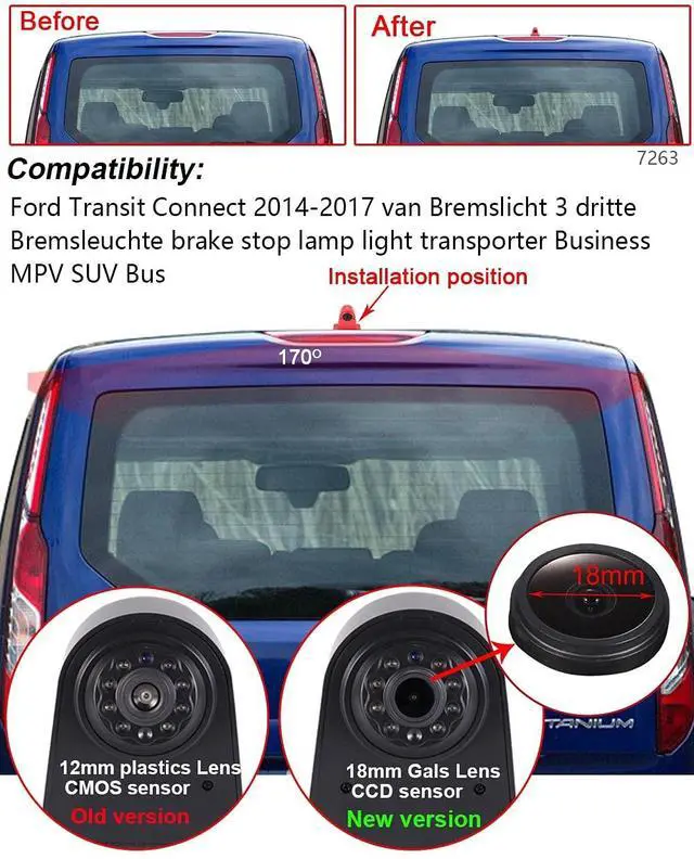 Alt view image 2 of 5 - HD 1280x720 Pixels 1000 TV Line 3rd Brake Light Reversing Camera Brake lamp Parking Camera Replacement for Ford Transit Connect 2014-2017 Transporter Business MPV SUV Bus Waterproof Night Vision