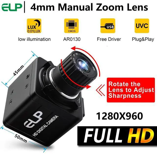 Alt view image 5 of 5 - ELP Low Illumination USB Camera HD Manual Zoom 4mm Lens PC CMERA for Computer Mini UVC Webcam 0.01lux Industrial Webcamera 960P AR0130 Security Lightburn Cam for Laptop